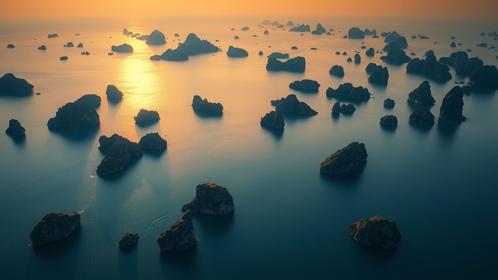 kinh nghiệm du lịch Cát Bà Toàn cảnh vịnh Lan Hạ nhìn từ trên cao lúc hoàng hôn